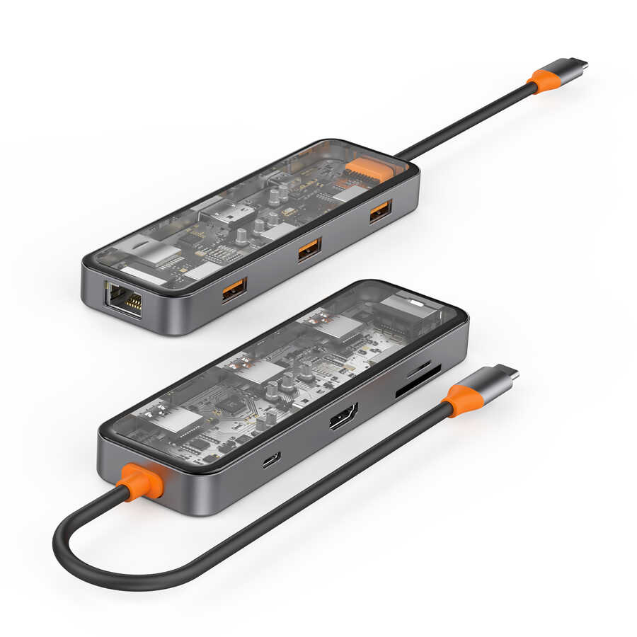 CB008 8in1 Şeffaf Type-C Hub 100W Çoğaltıcı