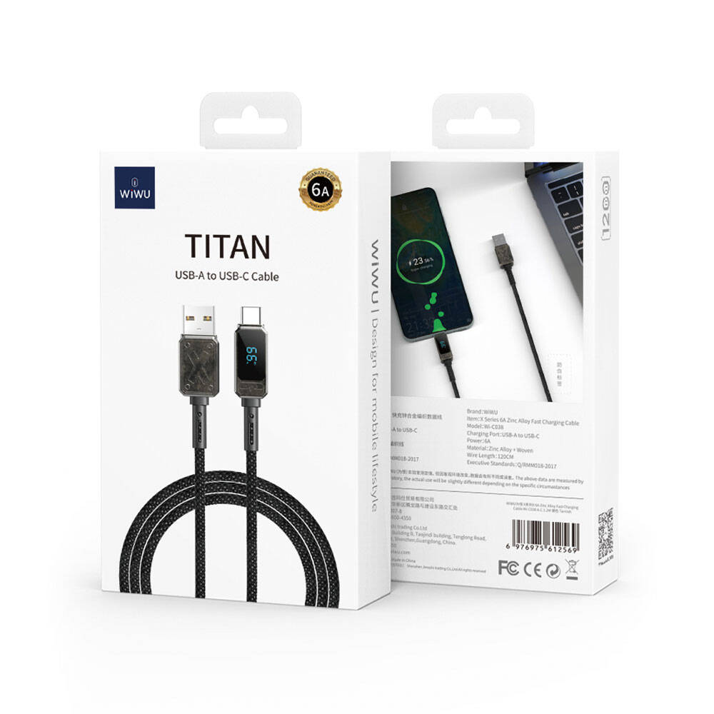 Wi-C038 Titan LED Göstergeli USB-A to Type-C Şarj ve Data Kablosu 66W 1,2 m