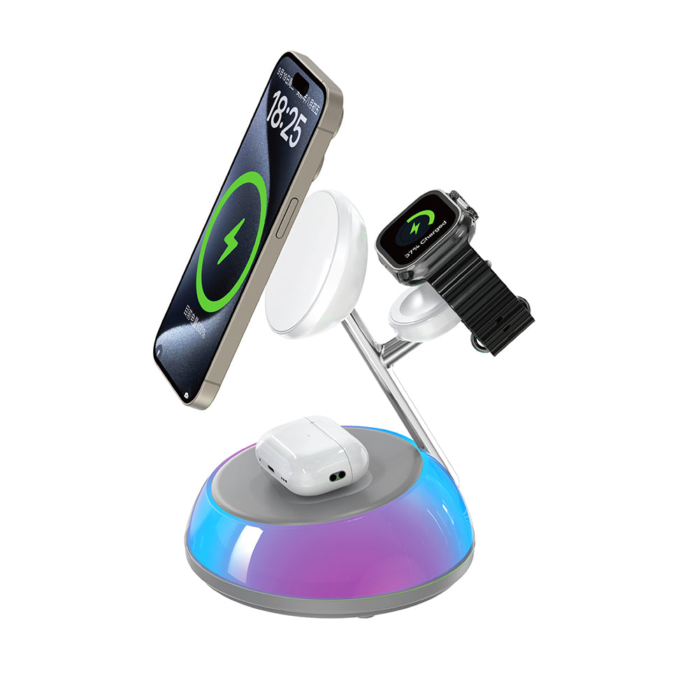 Wi-W036 Qi2 3in1 Magsafe Uyumlu Ambiyans Işıklı Kablosuz Şarj Standı 15W