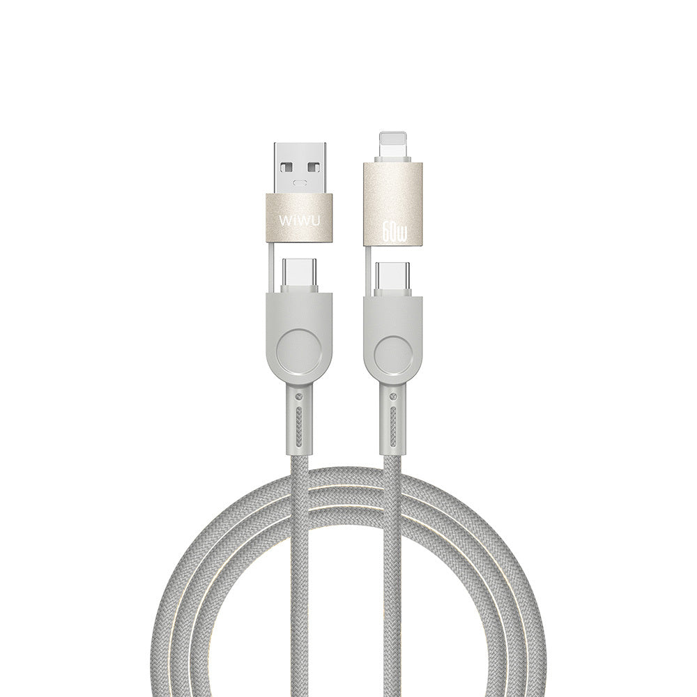 Raptor 4in1 Çoklu USB-A + Type-C to Type-C + Lightning 60W Şarj ve Data Kablosu 2mt