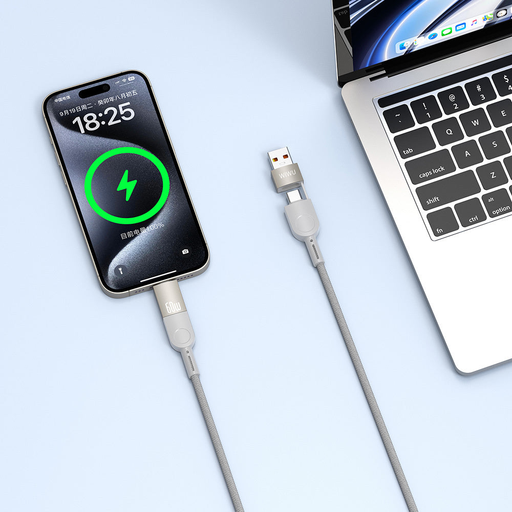 Raptor 4in1 Çoklu USB-A + Type-C to Type-C + Lightning 60W Şarj ve Data Kablosu 2mt