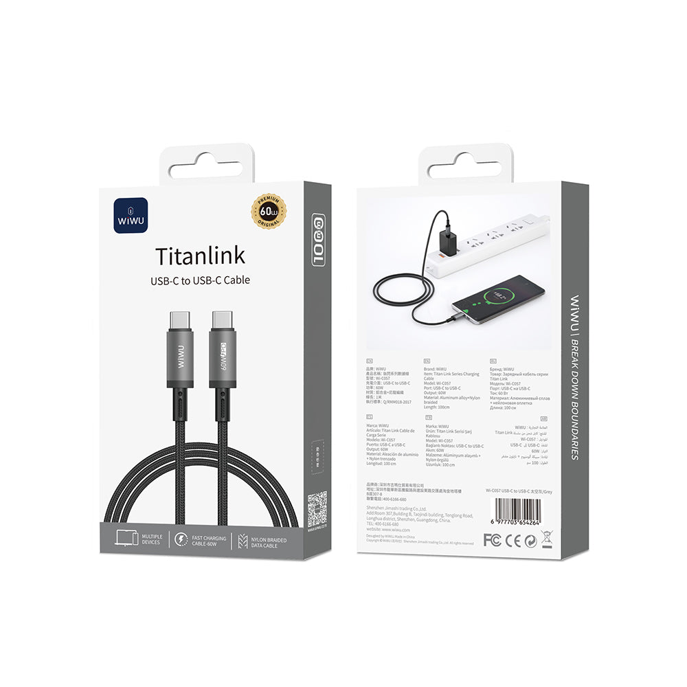 Wi-C057 Titanlink Type-C to Type-C 60W PD Hızlı Şarj Kablosu 1M