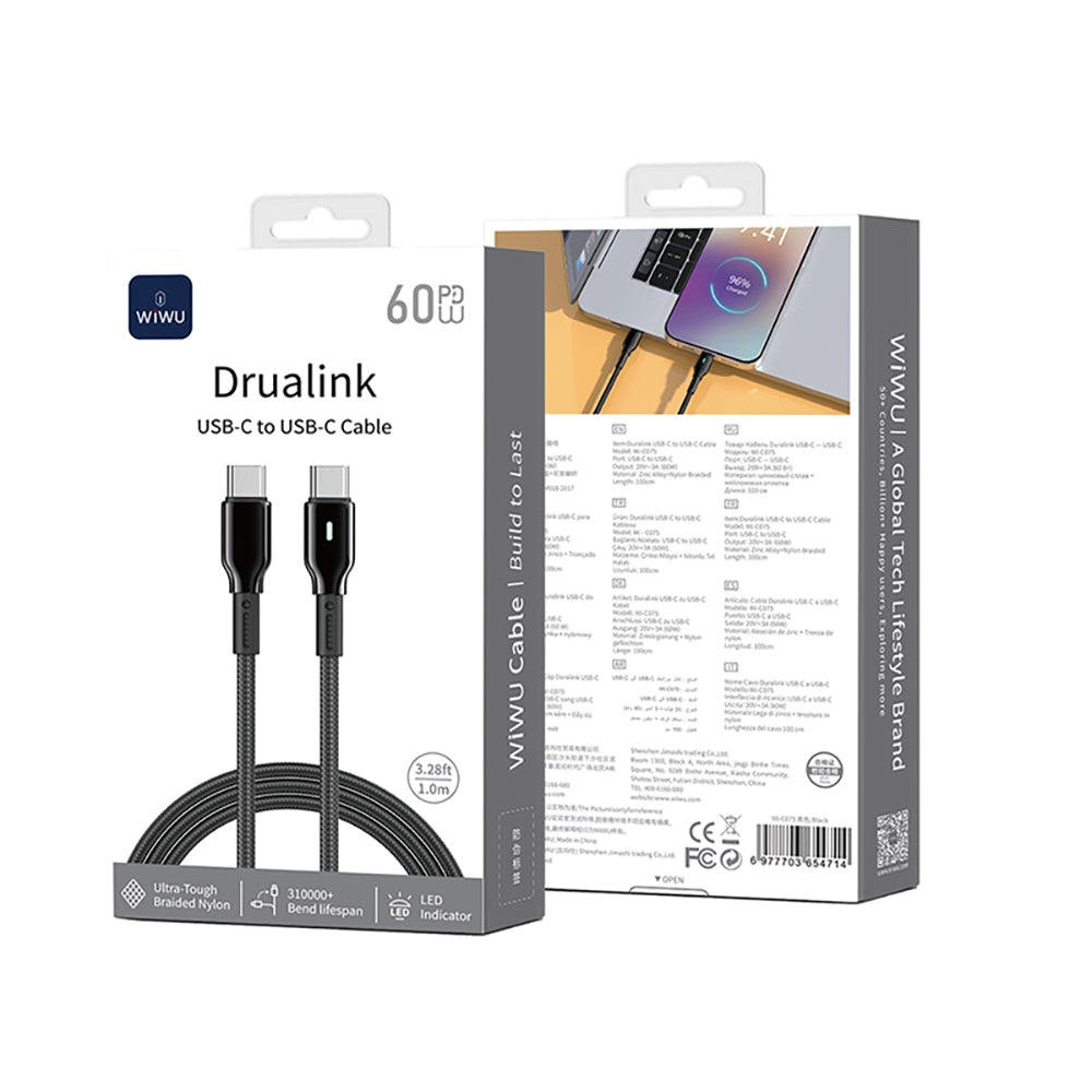 Wi-C075 Drualink Type-C to Type-C PD 60W Hızlı Şarj Kablosu 1M