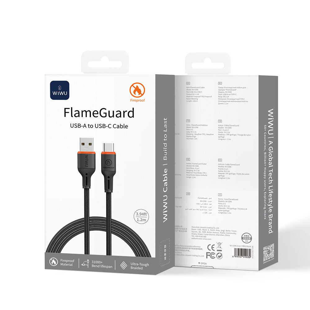 Wi-C096 Flame Guard USB-A to Type-C Hızlı Şarj ve Data Kablosu 1.2m