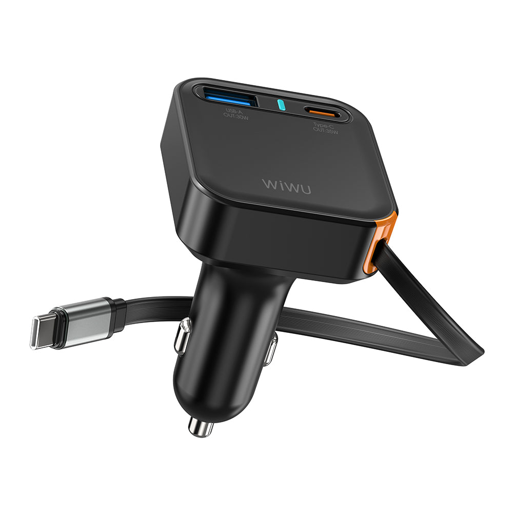 Wi-CC033 Type-C + USB-A 65W Akım Korumalı Dahili Kablolu Araç Şarj Aleti