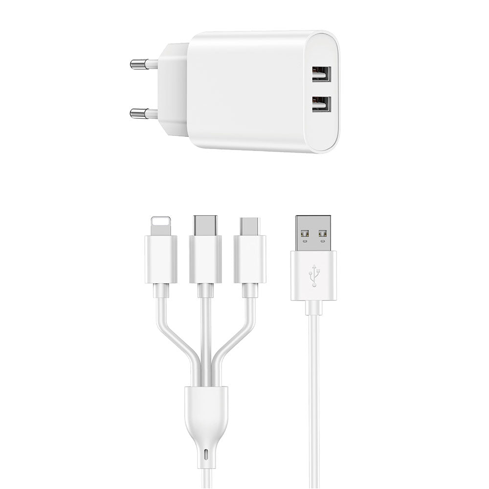 Wi-U003 2.1A Çift USB Çıkışlı 3in1 Type-C Lightning Micro Hızlı Şarj Seti